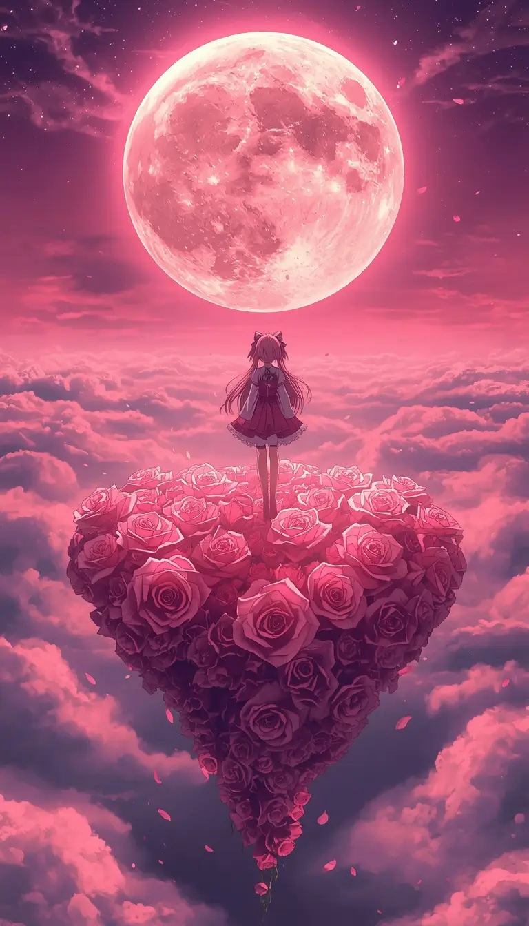 Madoka Magica wallpaper featuring Madoka Kaname standing on a floating heart-shaped rose island beneath a giant glowing pink moon