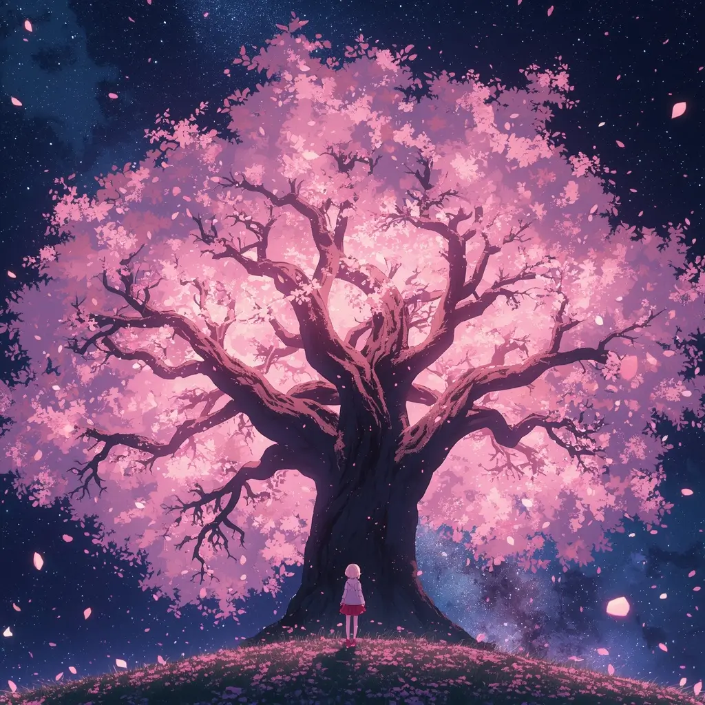 Madoka Magica wallpaper featuring Madoka Kaname standing beneath a massive glowing pink sakura tree under a starry night sky