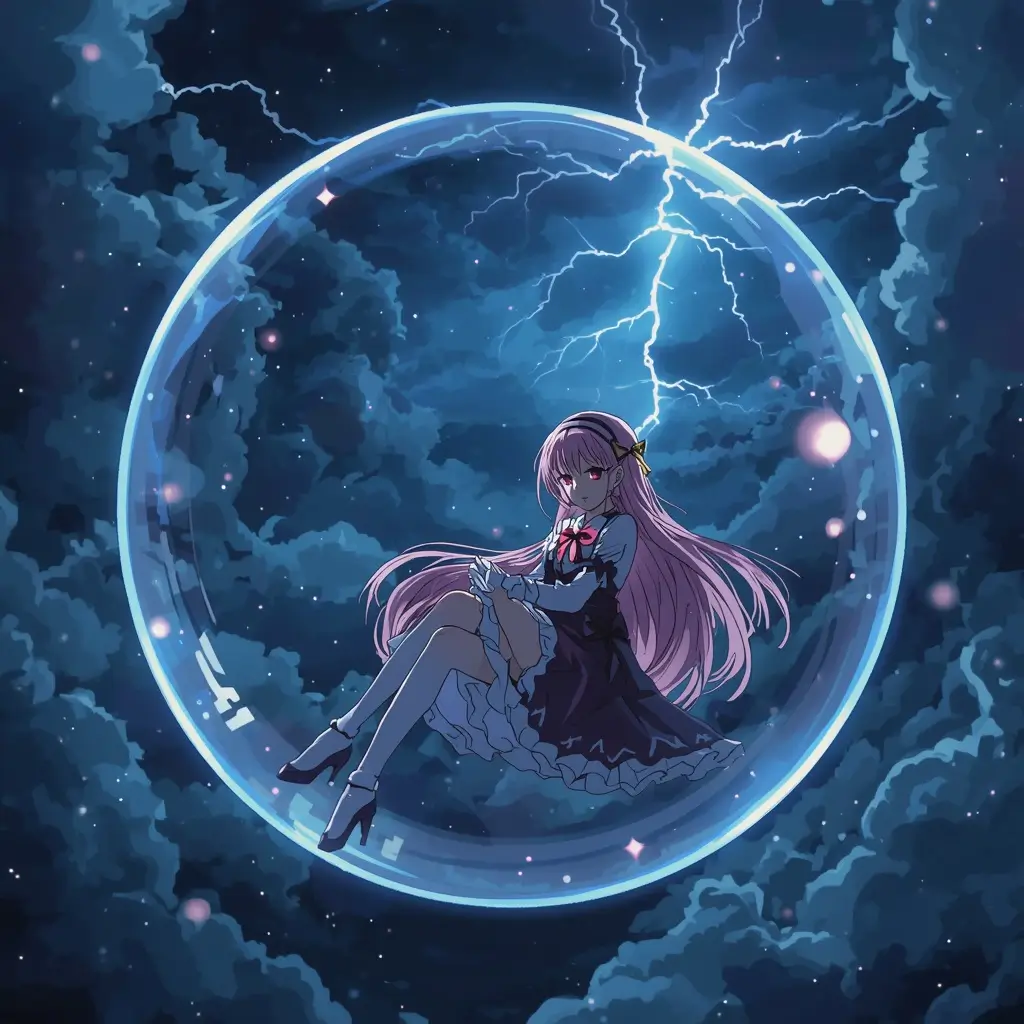 Madoka Magica wallpaper featuring Madoka Kaname sitting inside a glowing sphere in a stormy fantasy night sky