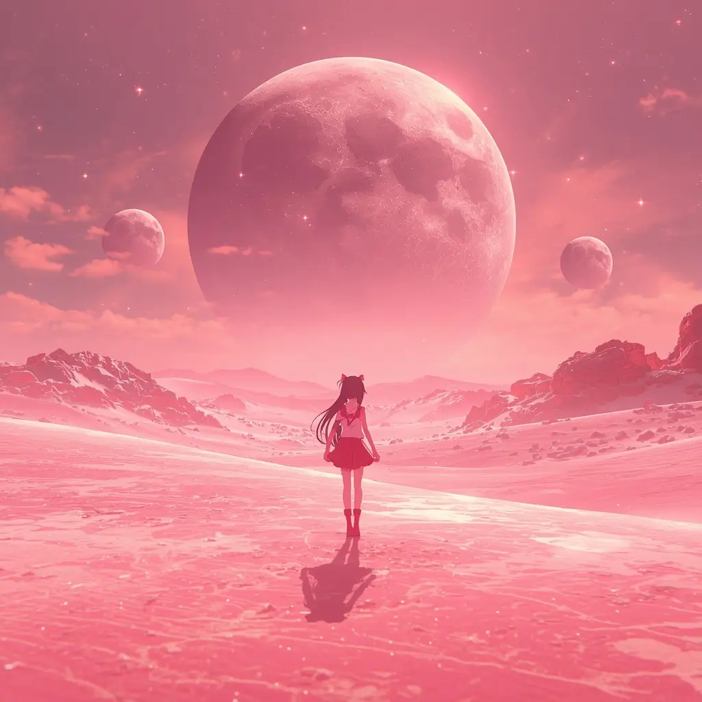 Madoka wallpaper featuring Madoka Kaname standing in a glowing pink cosmic desert beneath giant moons and fantasy skies