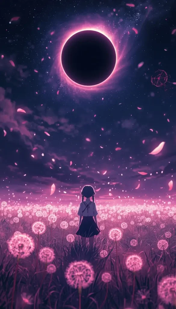 Madoka wallpaper featuring Madoka Kaname standing in a glowing pink flower field beneath a dramatic eclipse sky