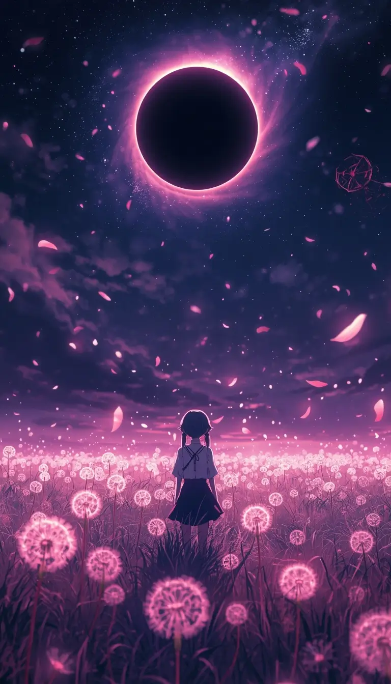 Madoka wallpaper featuring Madoka Kaname standing in a glowing pink flower field beneath a dramatic eclipse sky