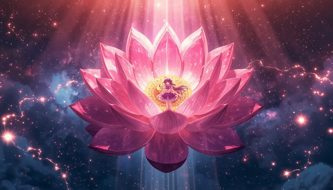 Mahou Shoujo Madoka Magica wallpaper featuring Madoka Kaname standing on a giant glowing pink lotus in a cosmic galaxy scene