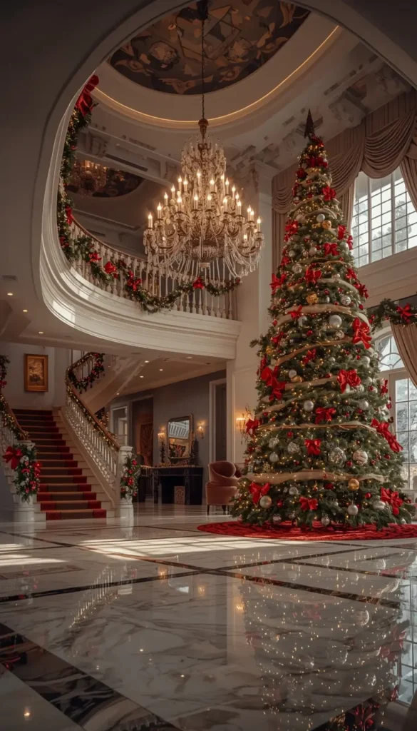merry-christmas-hd-pics of luxury hall with giant decorated Christmas tree and elegant chandelier interior