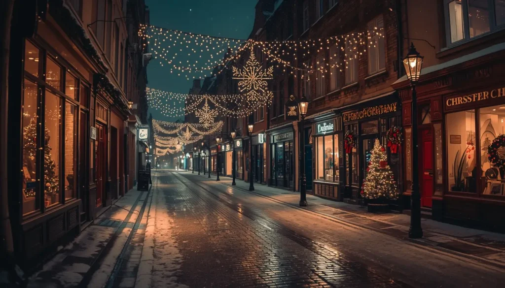 merry-christmas-images of festive winter street with glowing lights and decorated Christmas shops at night