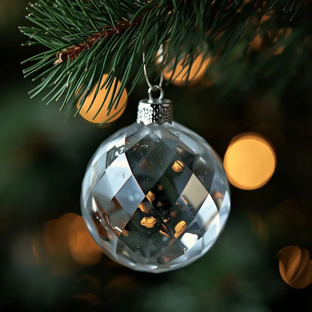 merry-christmas-photo of crystal Christmas ornament with glowing festive lights and pine branches