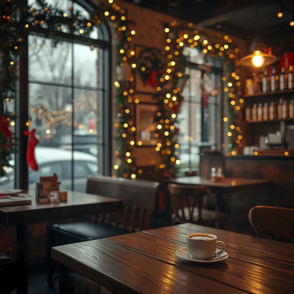 merry-christmas-pictures of cozy Christmas café with glowing lights and warm holiday atmosphere