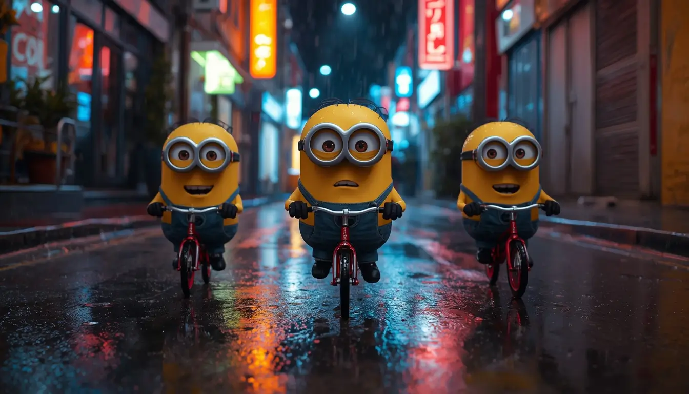 Funny minion wallpaper showing three Minions riding bicycles on a rainy neon-lit city street at night.