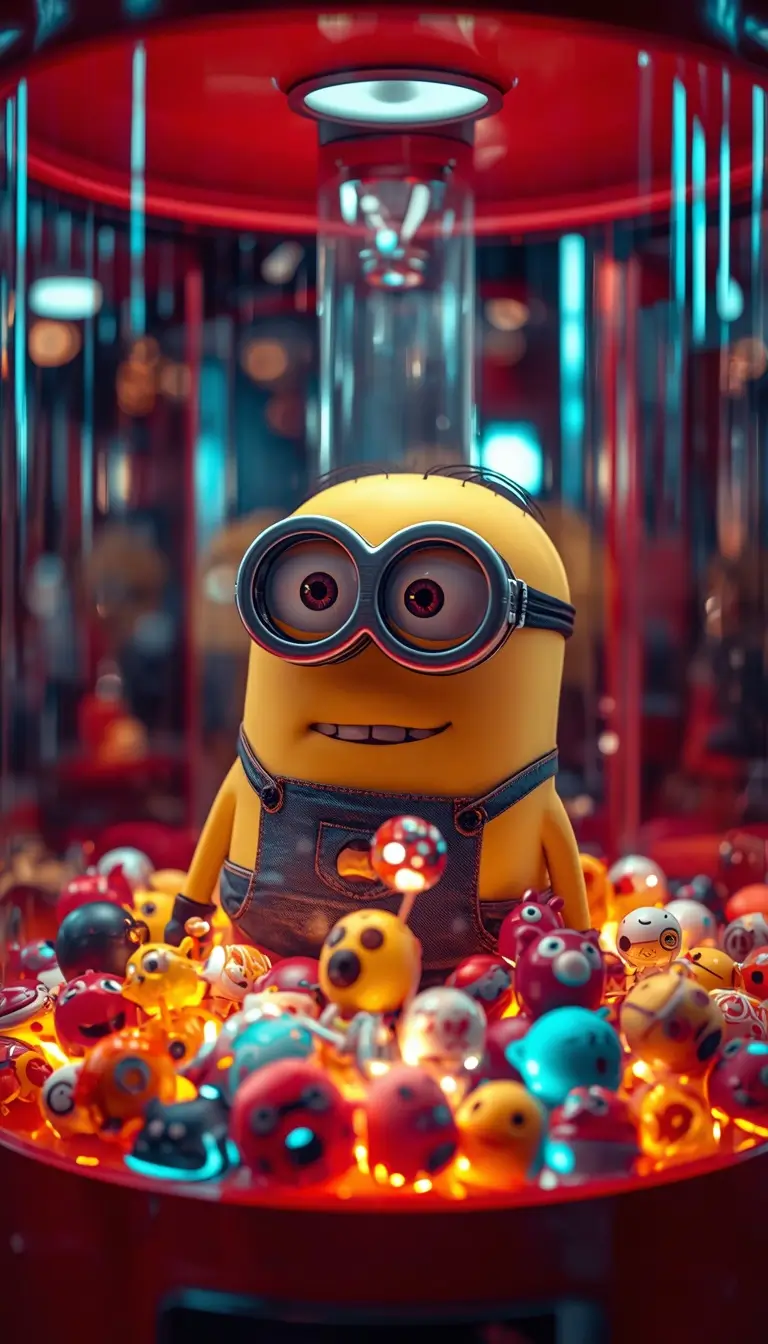 Cute minion wallpaper showing a happy Minion surrounded by colorful glowing arcade toys and neon lights