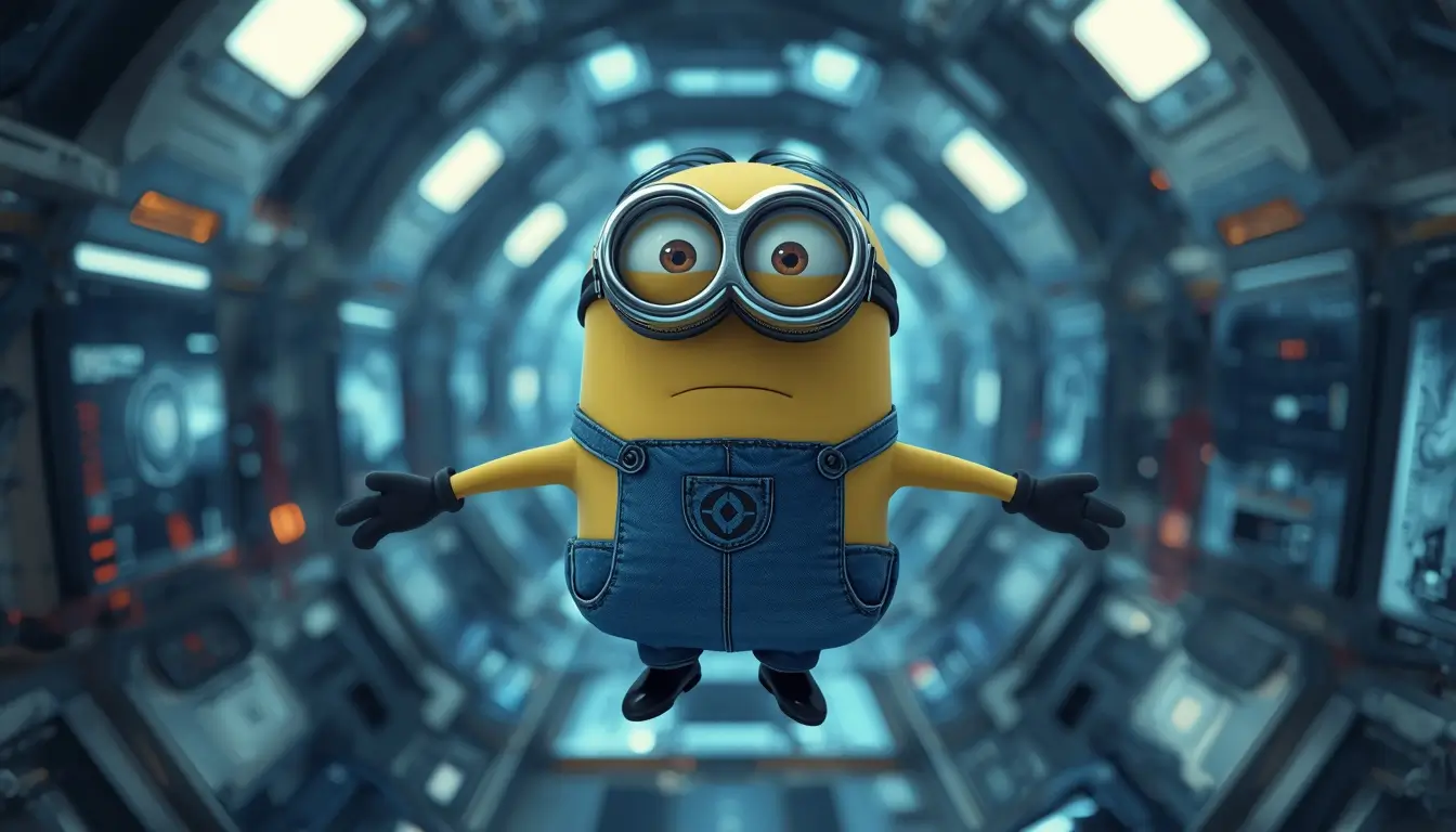 Futuristic minion wallpaper showing a floating Minion inside a glowing sci-fi space station background.