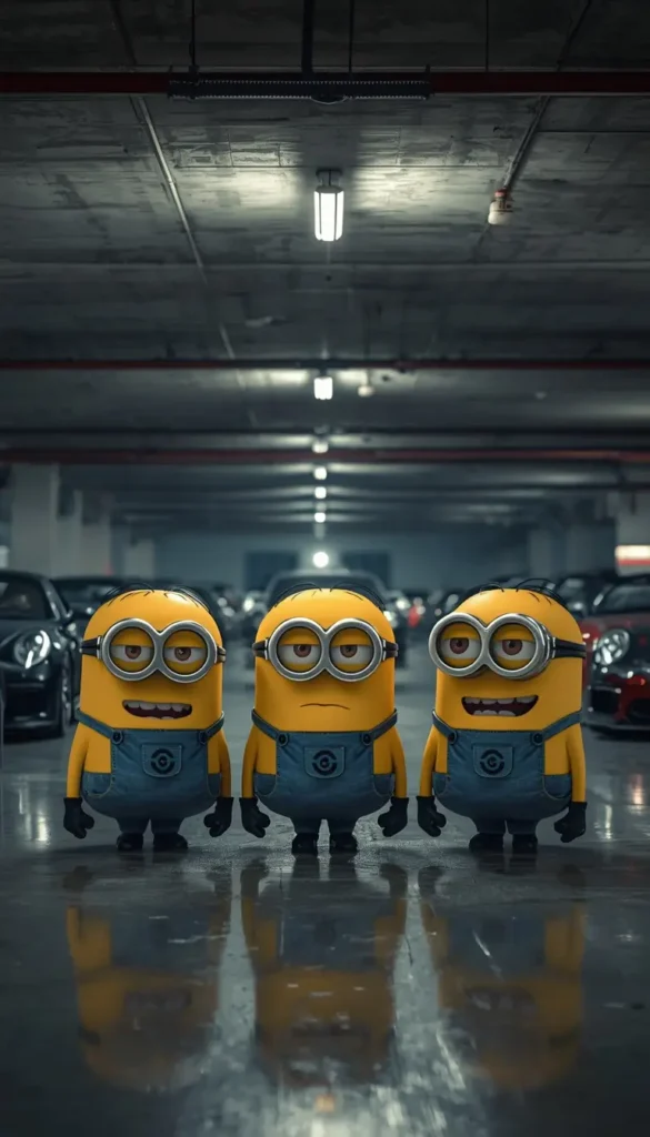 Funny minion wallpaper showing three Minions standing in a dark underground parking garage with cinematic lighting.