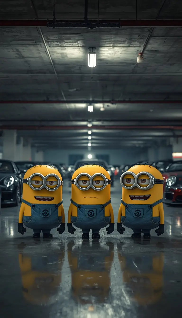 Funny minion wallpaper showing three Minions standing in a dark underground parking garage with cinematic lighting.
