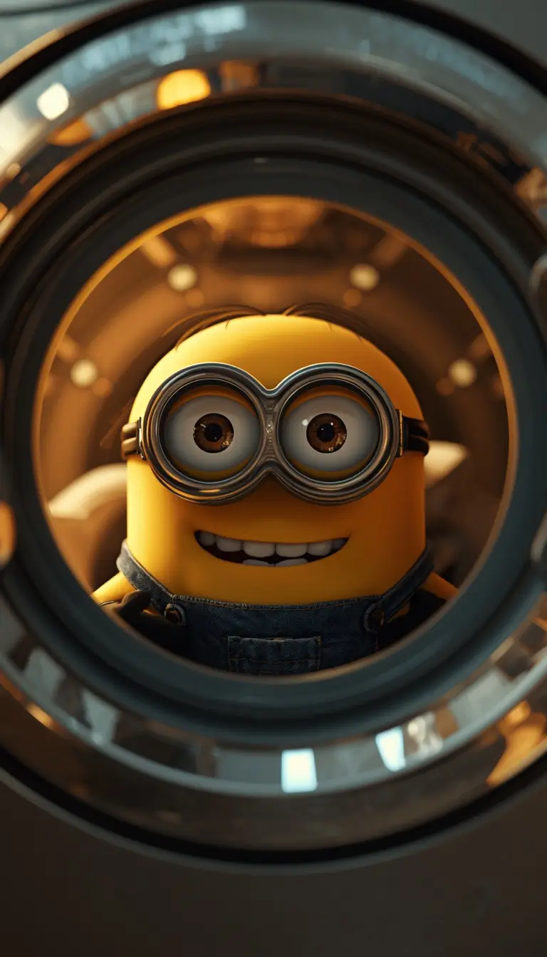 Cute minion wallpaper showing a smiling Minion through a futuristic lens with warm cinematic lighting.