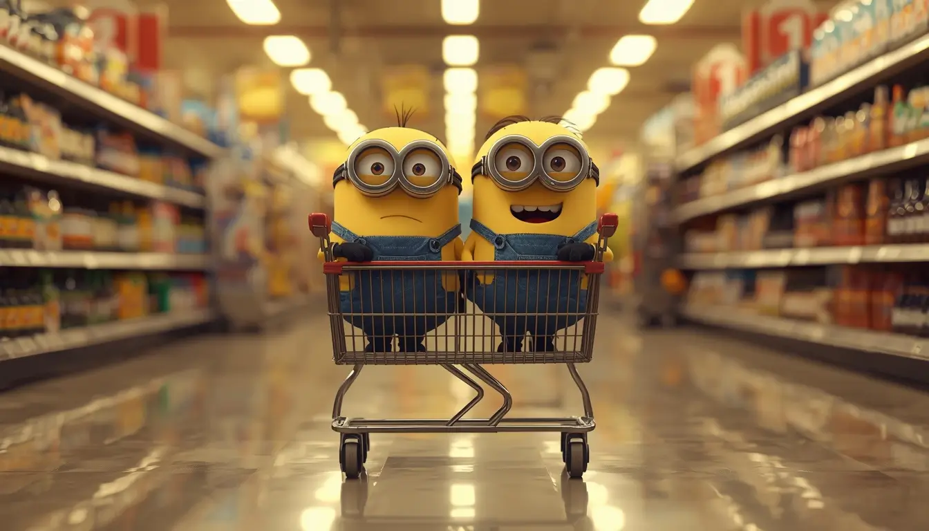 Cute minion wallpaper showing two funny Minions sitting in a shopping cart inside a supermarket aisle.