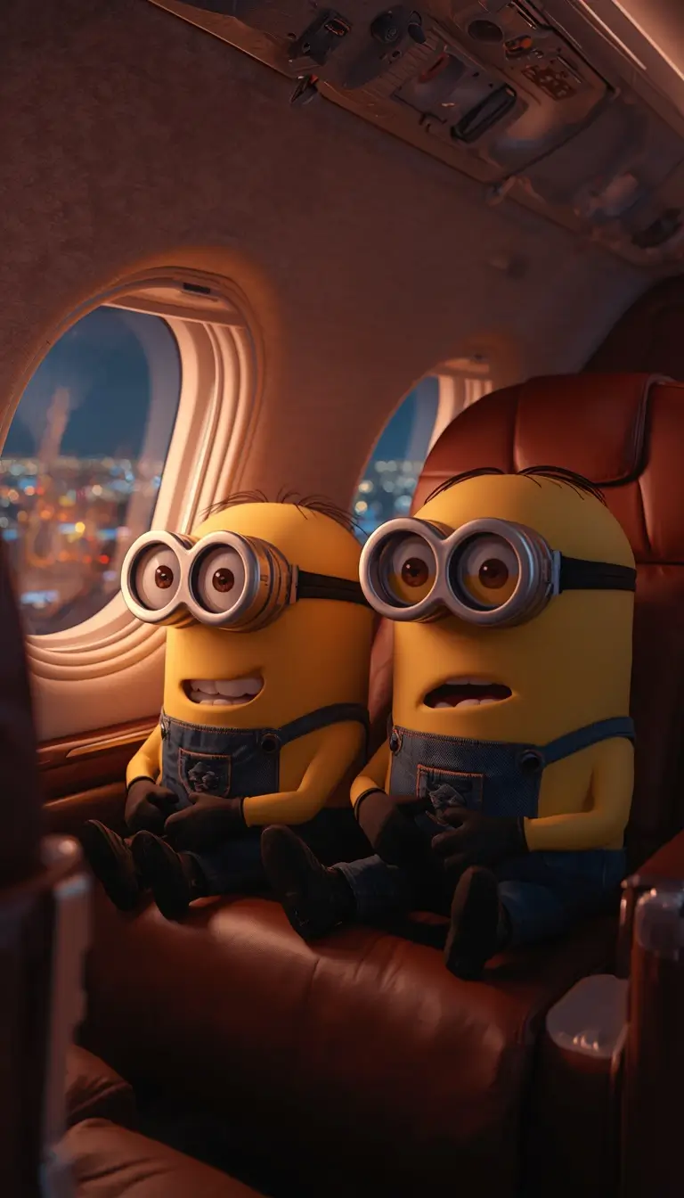 Cute minion wallpaper showing two funny Minions sitting inside an airplane cabin during a night flight.