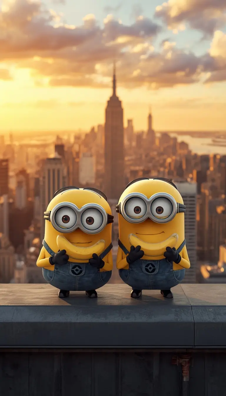 Cute minion wallpaper with two funny Minions holding bananas in front of a beautiful sunset city skyline.