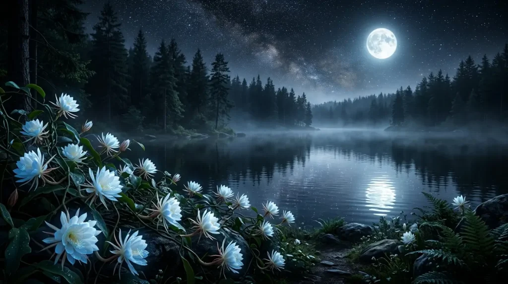 White moon flowers blooming beside a misty forest lake under a bright full moon and starry night sky.