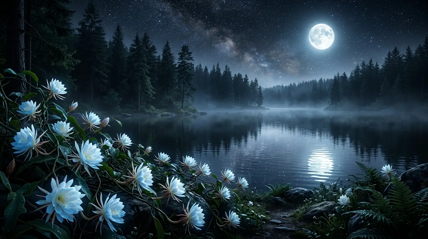 White moon flowers blooming beside a misty forest lake under a bright full moon and starry night sky.