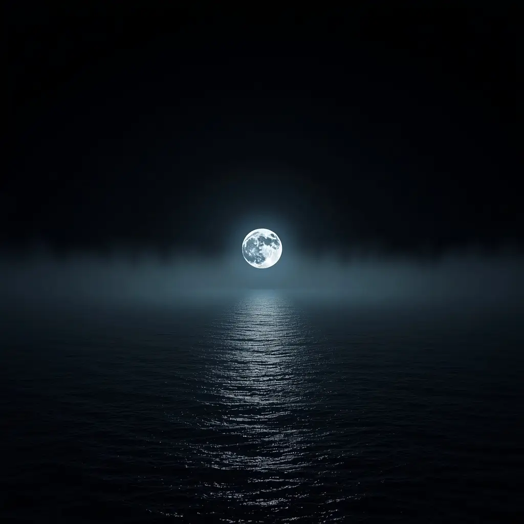 Bright full moon reflecting across a calm dark ocean under a peaceful night sky.