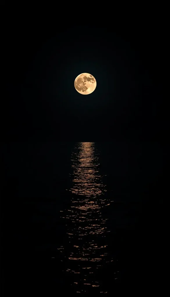Golden full moon reflecting across dark ocean water under a deep black night sky.