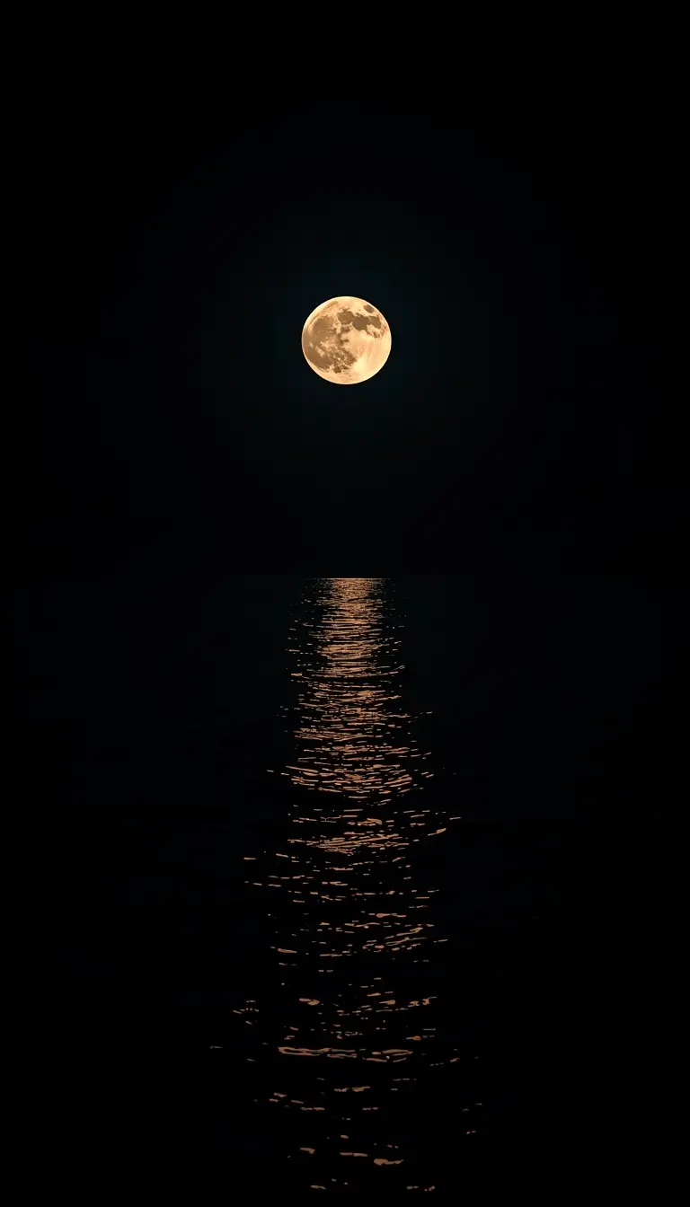 Golden full moon reflecting across dark ocean water under a deep black night sky.