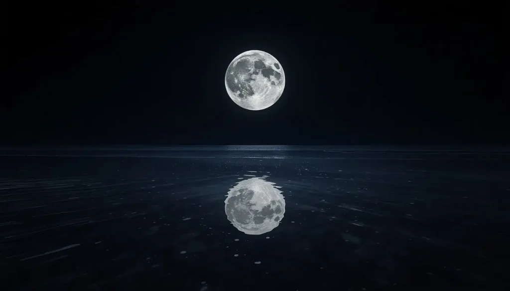 Full moon reflecting clearly on calm dark ocean water beneath a peaceful night sky.