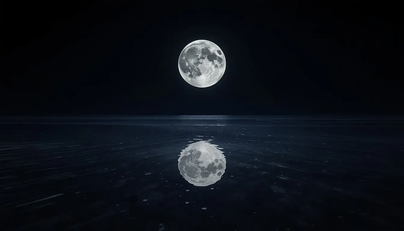 Full moon reflecting clearly on calm dark ocean water beneath a peaceful night sky.