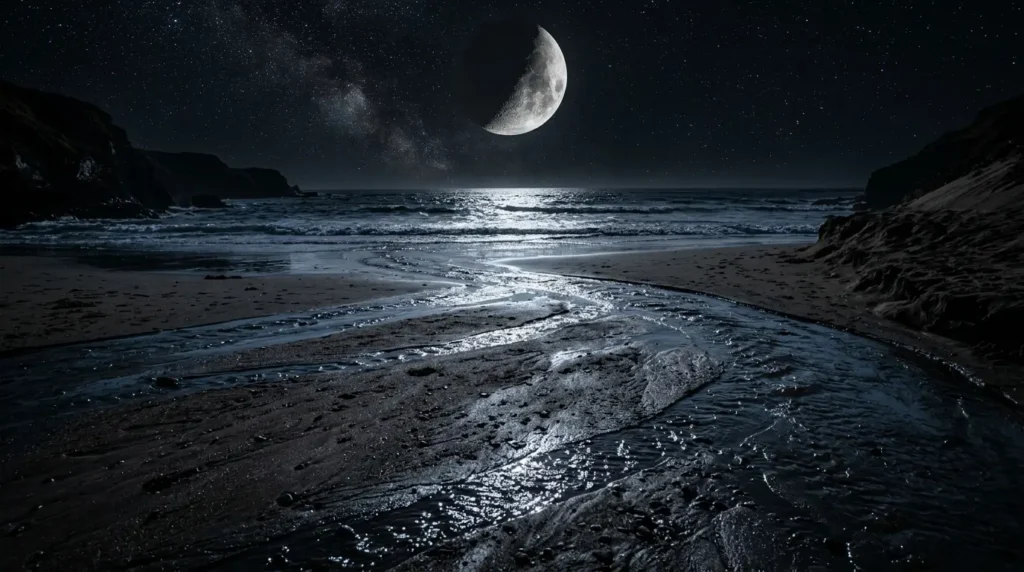 Crescent moon shining over a dark beach with ocean reflections and a starry night sky in high resolution