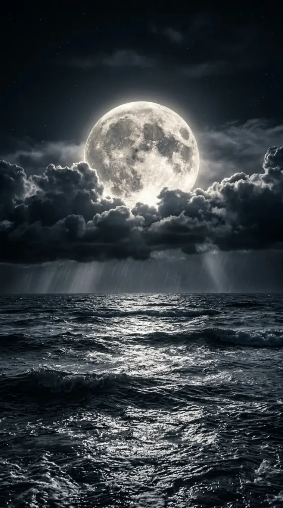 Bright full moon above dark ocean waves with glowing reflections, storm clouds, and a dramatic night sky in 4K resolution