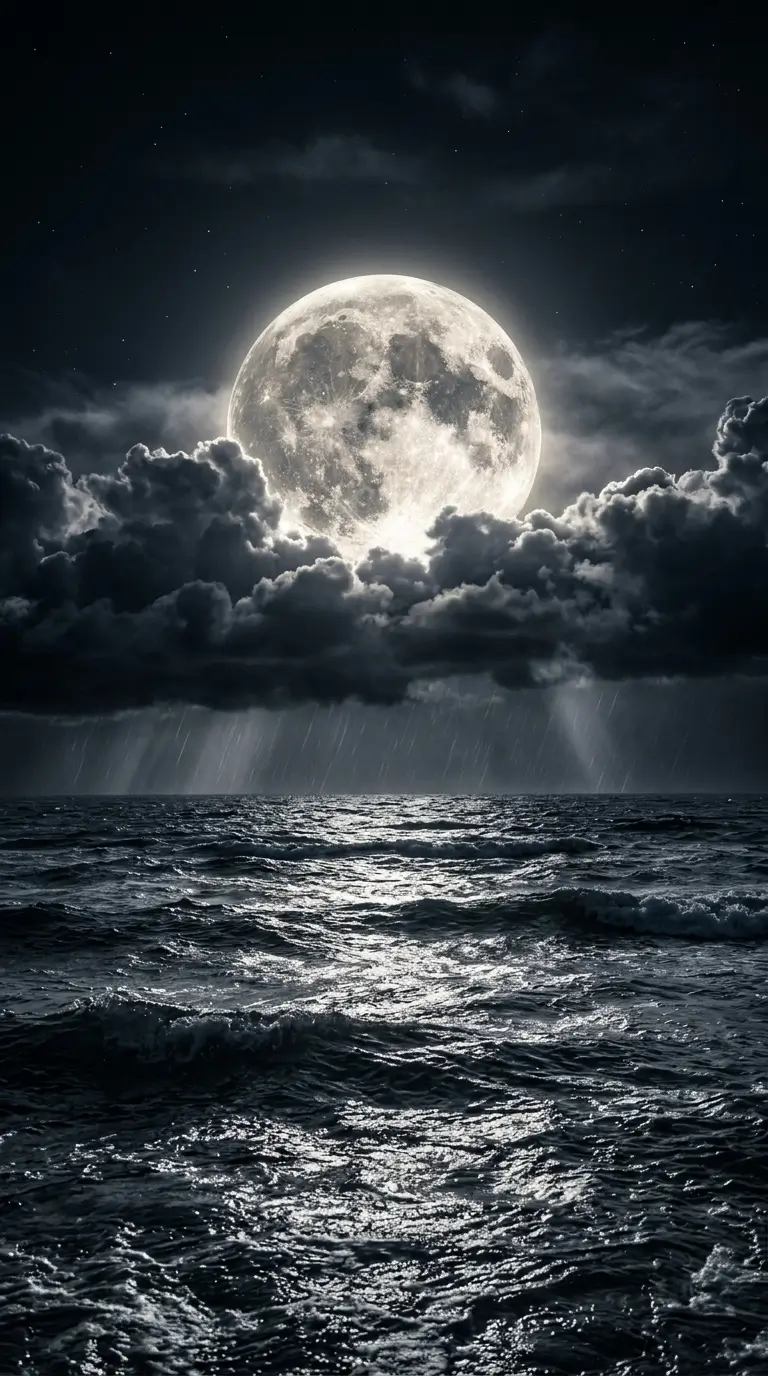 Bright full moon above dark ocean waves with glowing reflections, storm clouds, and a dramatic night sky in 4K resolution