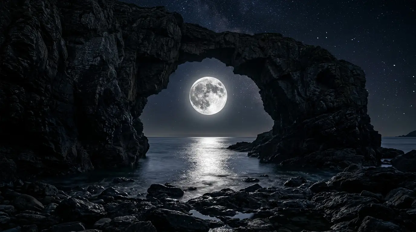 Full moon shining through a rocky sea arch with ocean reflections and a starry night sky in high resolution
