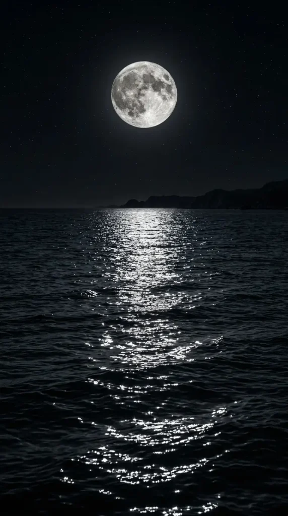 Bright full moon reflecting across calm ocean waves under a clear starry night sky in high resolution