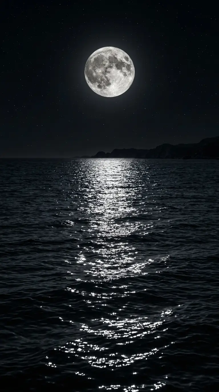Bright full moon reflecting across calm ocean waves under a clear starry night sky in high resolution