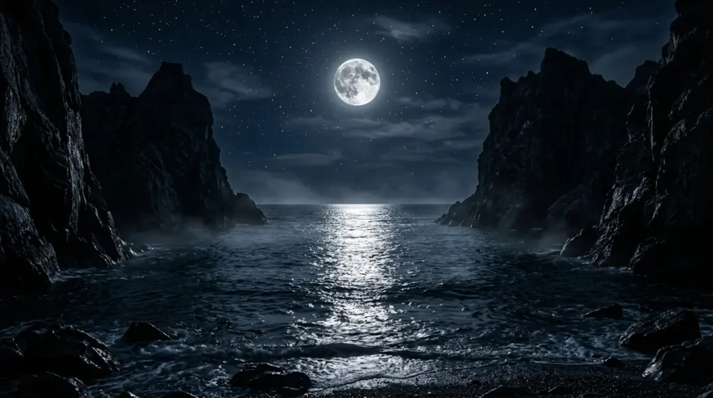 Full moon reflecting over ocean water between dark rocky cliffs under a clear starry night sky in high resolution