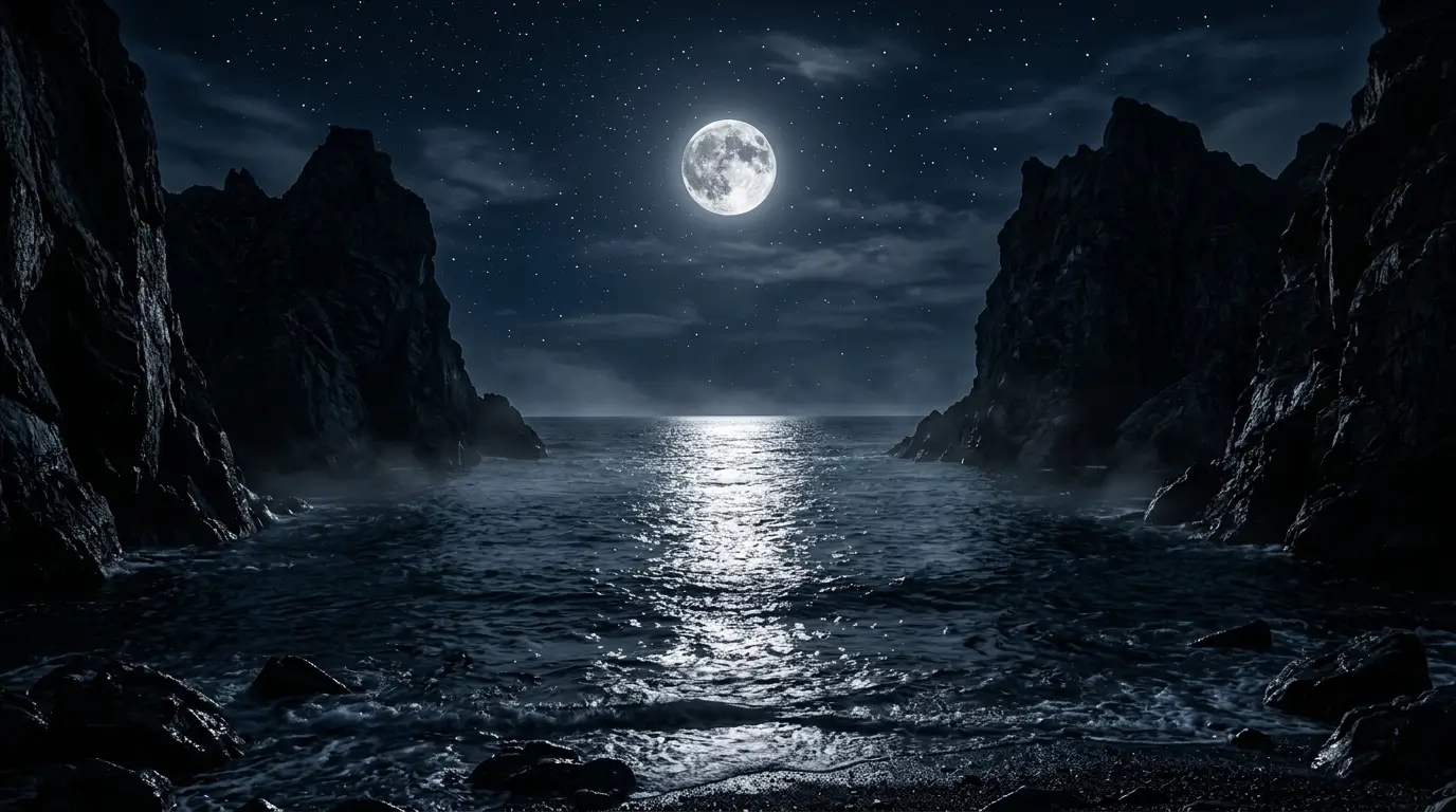 Full moon reflecting over ocean water between dark rocky cliffs under a clear starry night sky in high resolution