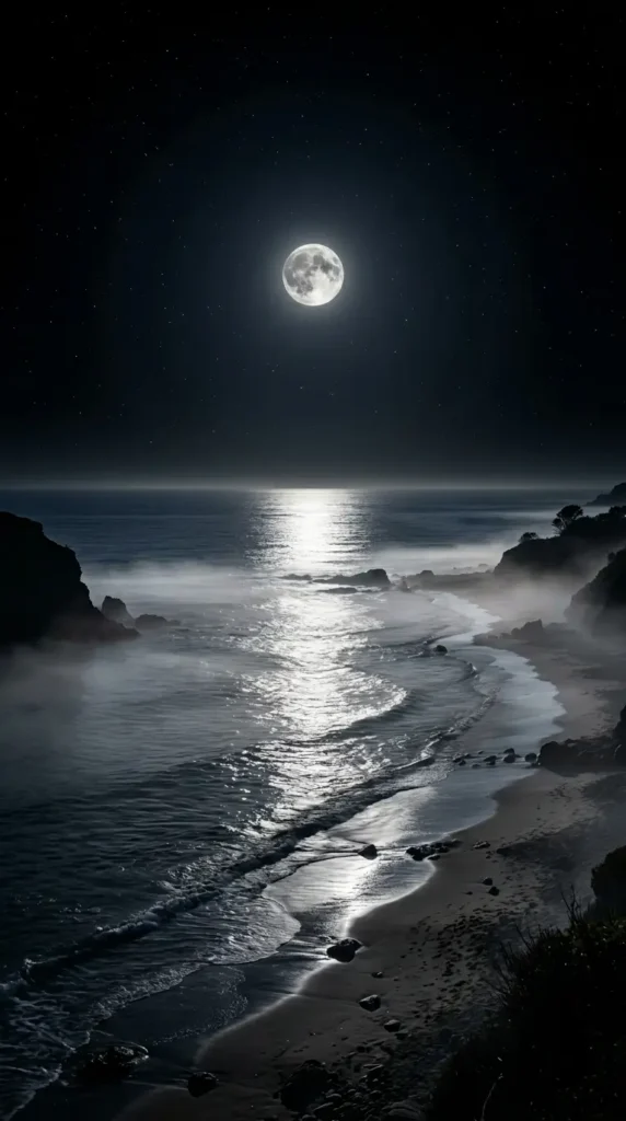 Moonlit beach shoreline with glowing ocean waves, coastal cliffs, and a bright full moon under a starry night sky