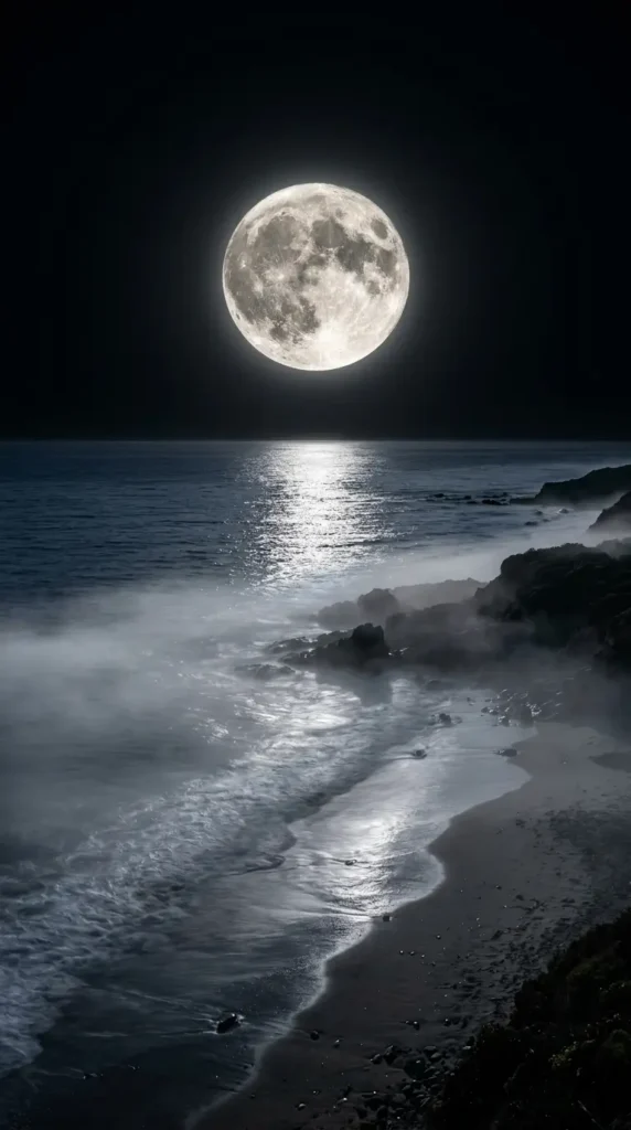 Large glowing full moon above a misty beach shoreline with ocean reflections and dark coastal rocks at night