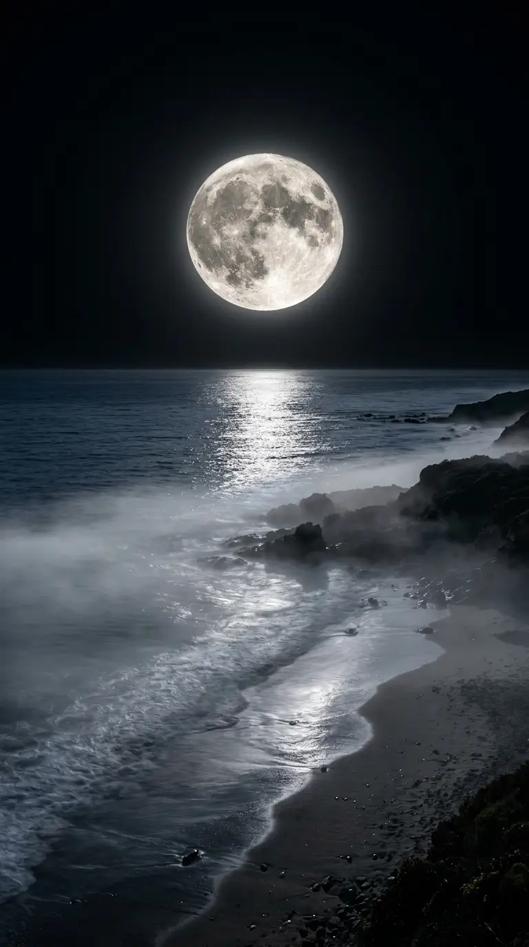 Large glowing full moon above a misty beach shoreline with ocean reflections and dark coastal rocks at night