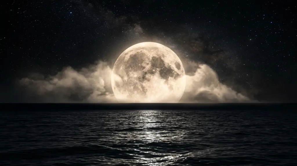 Massive glowing full moon above a dark ocean with reflective waves, clouds, and a starry night sky in high resolution