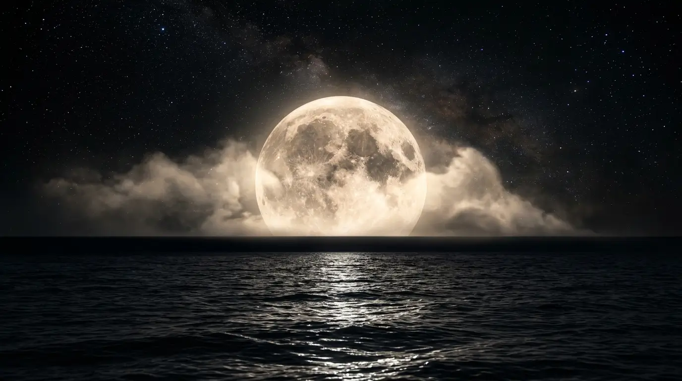 Massive glowing full moon above a dark ocean with reflective waves, clouds, and a starry night sky in high resolution
