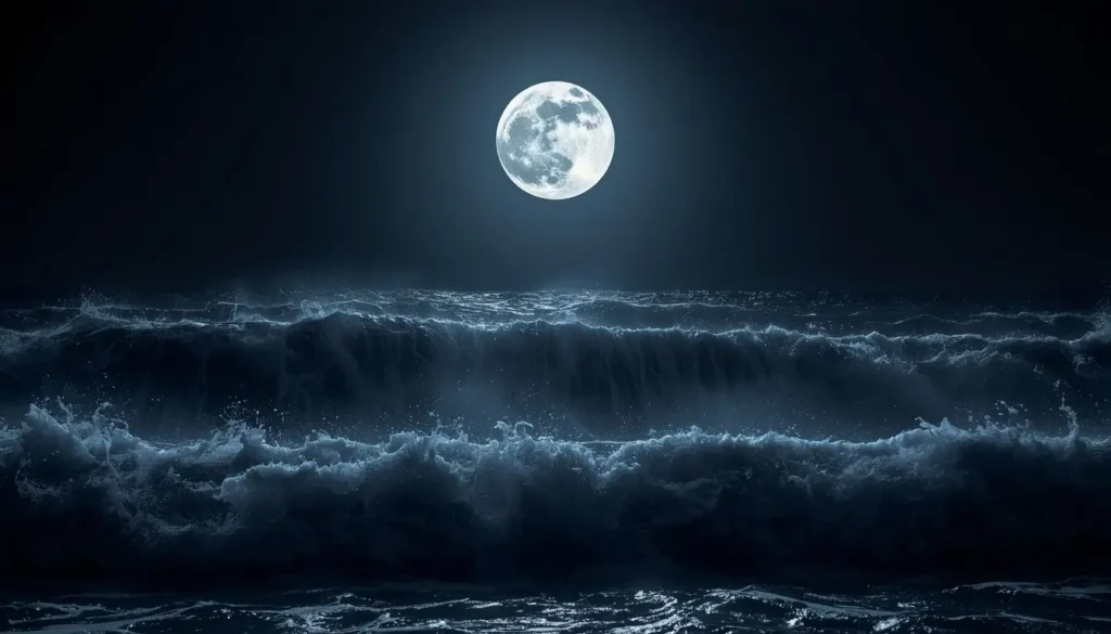 Bright full moon above glowing ocean waves crashing in the dark night sea.