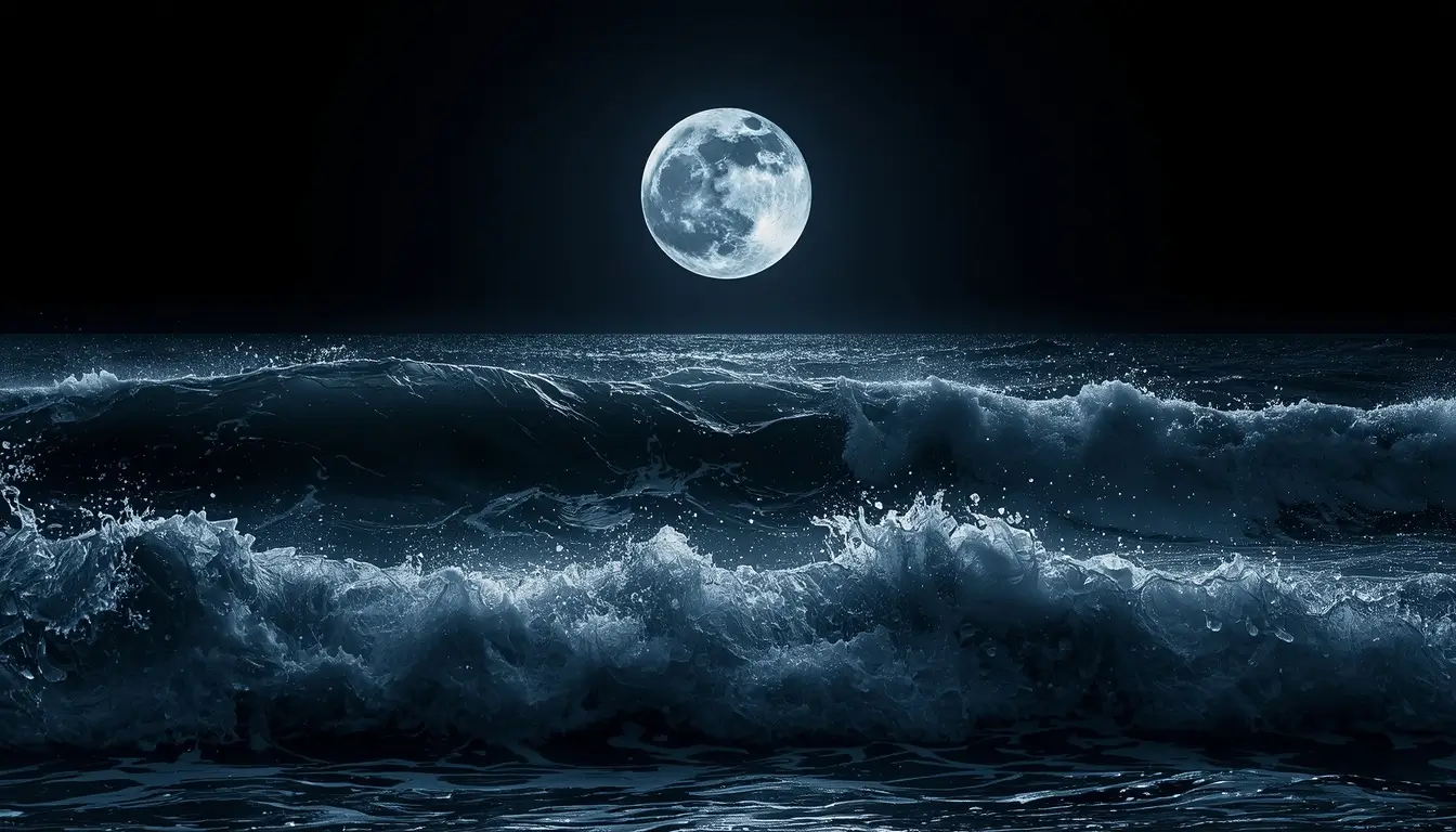 Dark ocean waves glowing under a bright full moon in a dramatic nighttime seascape.