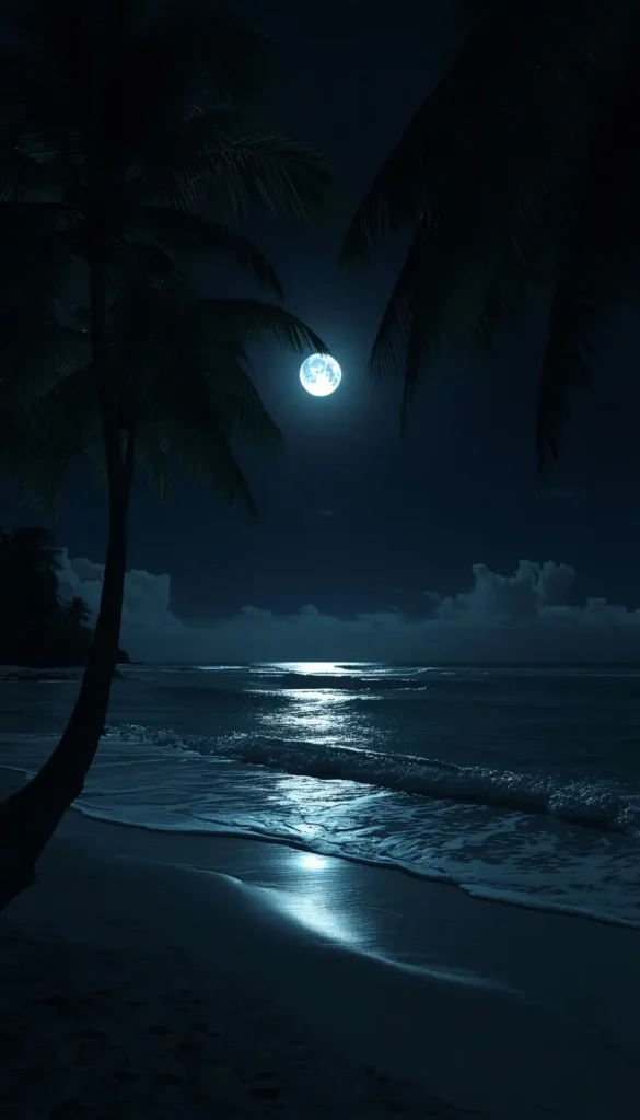 Tropical beach with palm trees and glowing moonlight reflecting on calm ocean waves at night.
