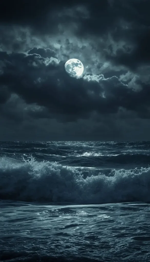 Beautiful ocean waves shining under a bright full moon with dark clouds in the night sky.