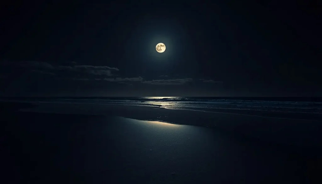 Peaceful beach under a glowing full moon with soft reflections across the dark ocean at night.