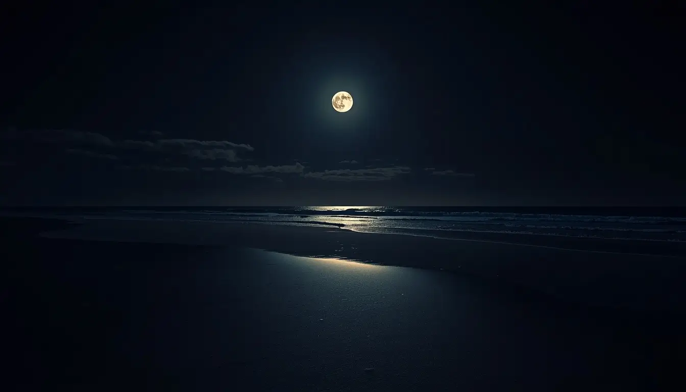 Peaceful beach under a glowing full moon with soft reflections across the dark ocean at night.