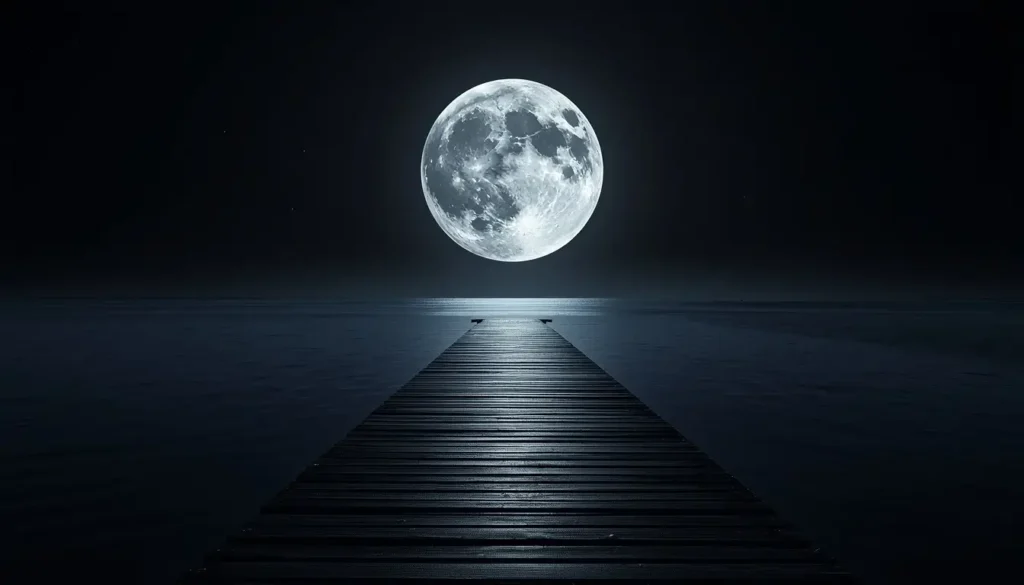 Wooden pier extending into calm water beneath a giant glowing full moon at night.