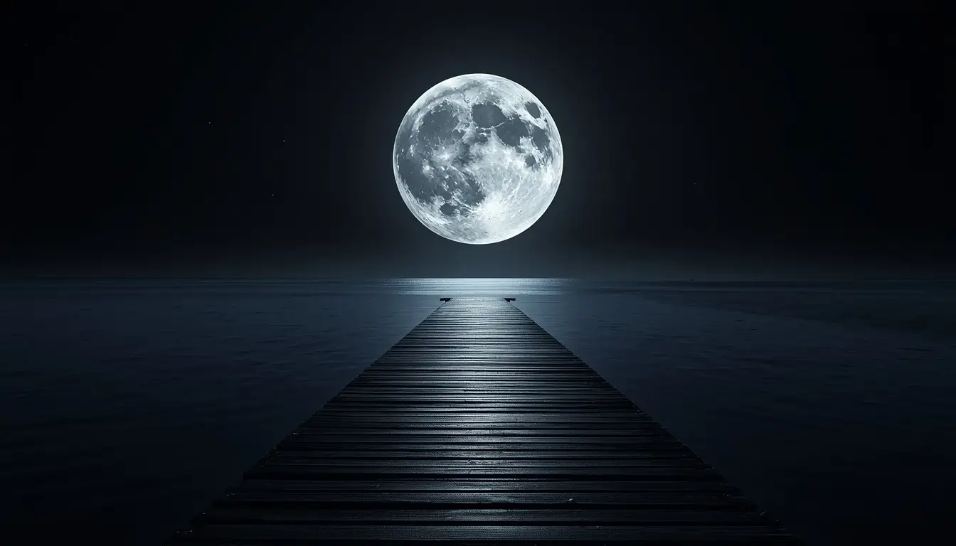 Wooden pier extending into calm water beneath a giant glowing full moon at night.