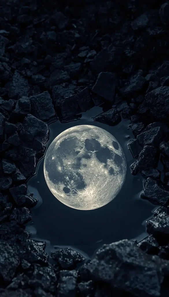 Giant glowing moon surrounded by dark rocks and reflective water in a dramatic night scene.