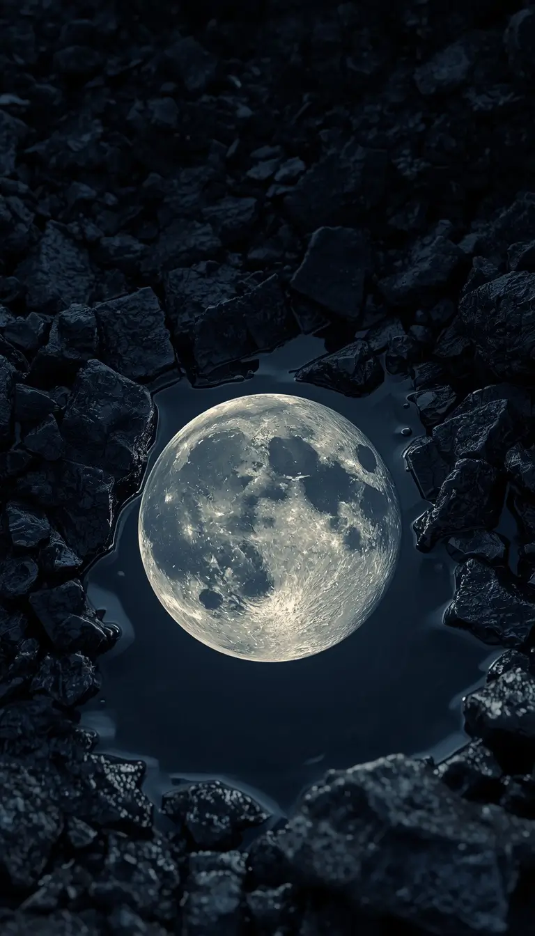 Giant glowing moon surrounded by dark rocks and reflective water in a dramatic night scene.